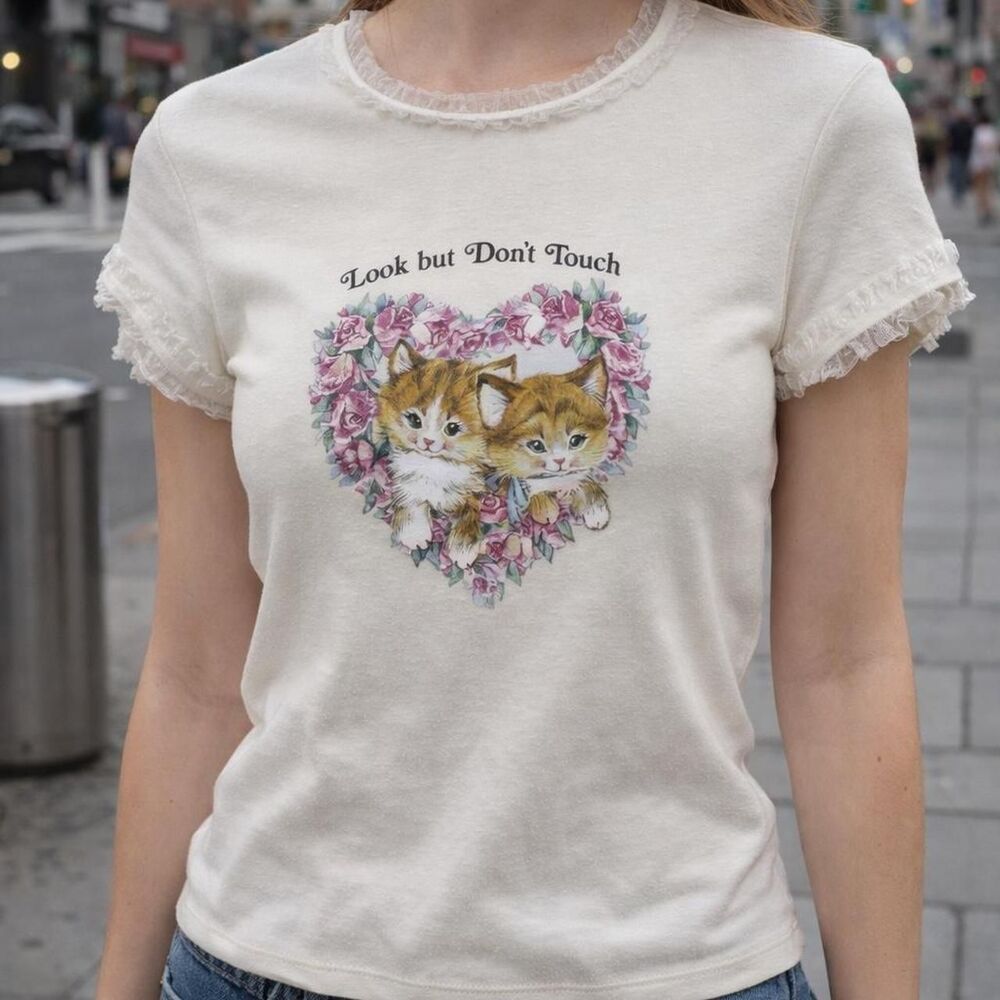 Women's White Babydoll T-shirt Cat Look But Don't Touch Cottagecore Kawaii